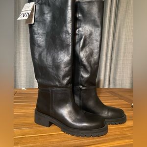 Zara NWT Leather Flat Knee High Boots Size 39/ US 8